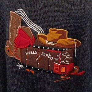 Western Wells Fargo Sweater Women's LARGE 30% WOOL & Black Embroidered by Aggio